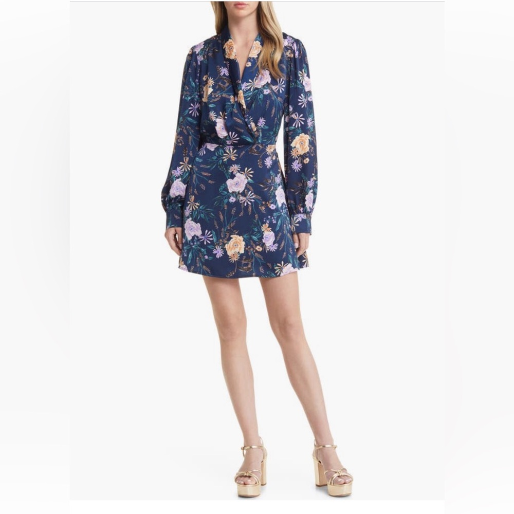 Lost + Wonder Floral Long-Sleeve Faux Wrap Navy Dress